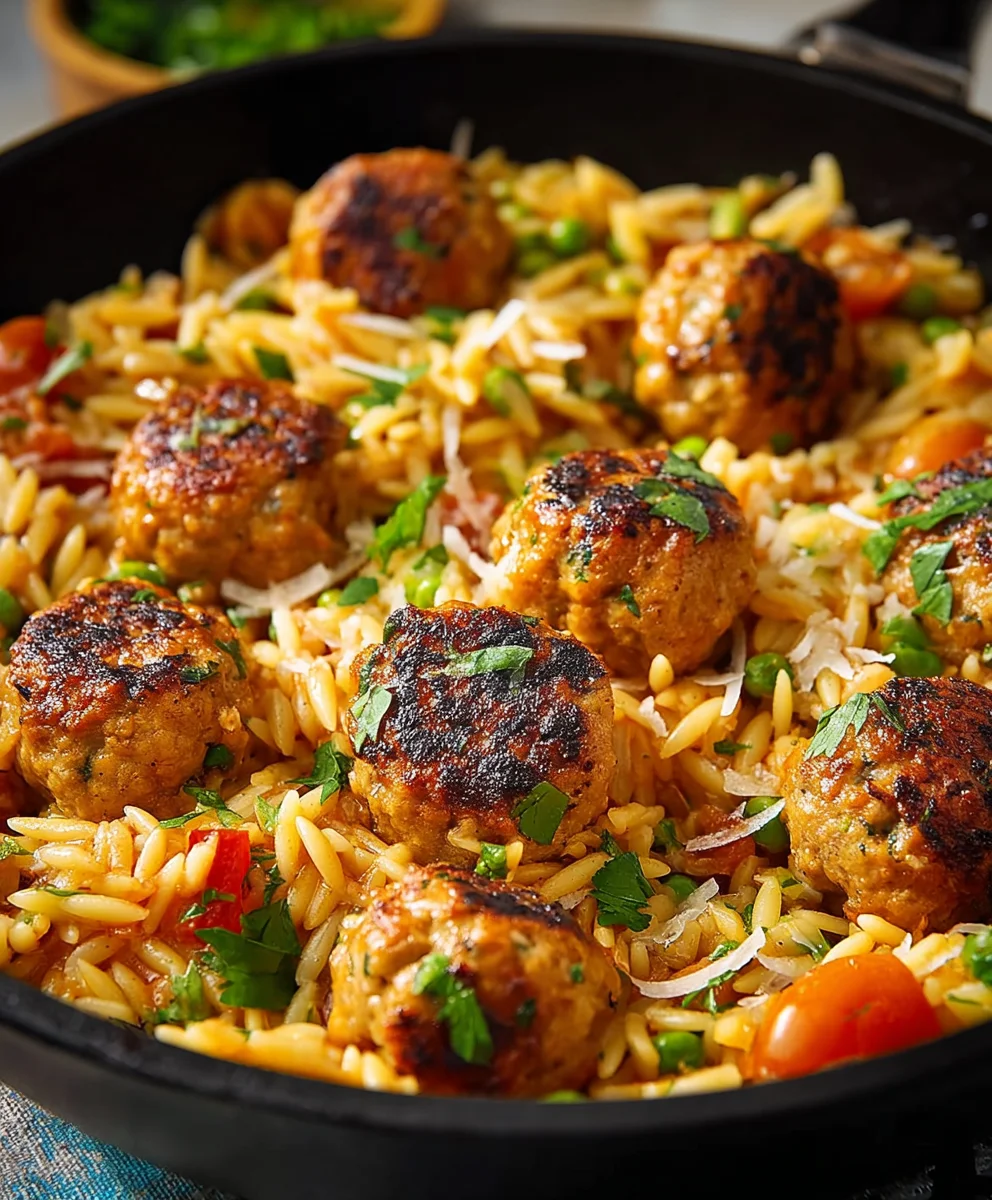 One-Pan Chicken Meatballs Orzo - Easy Dinner