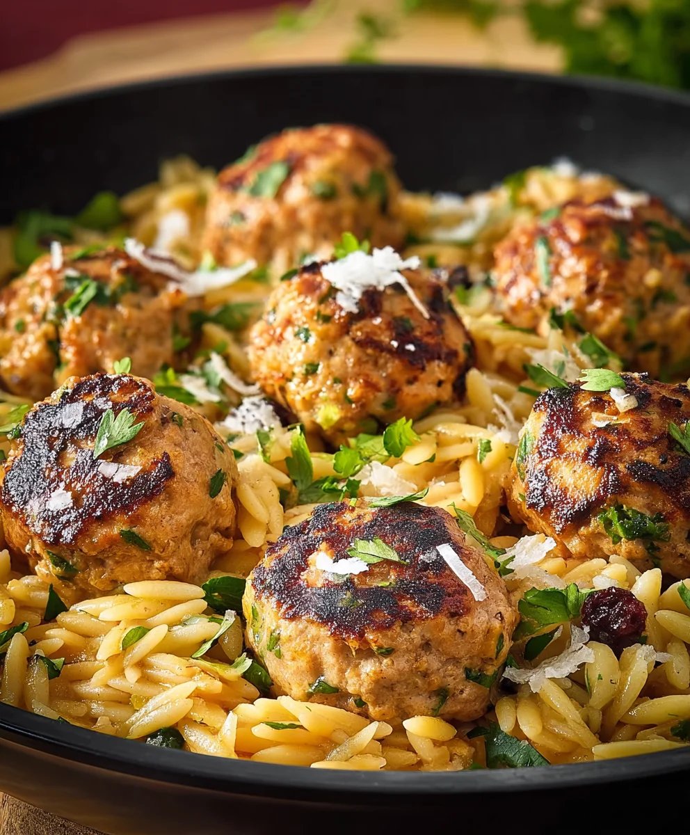 One-Pan Chicken Meatballs Orzo - Easy Dinner