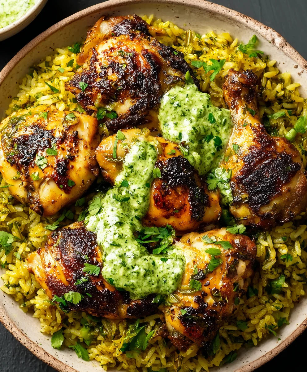 Peruvian Chicken-Rice-Green Sauce-Easy Recipe
