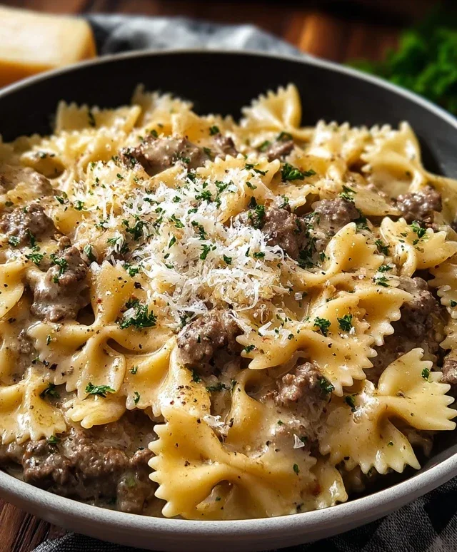 Creamy Parmesan Garlic Beef Bowtie Pasta