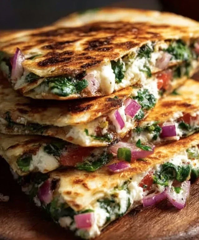 Mediterranean Quesadillas with Spinach, Feta, Mozzarella, and Red Onion