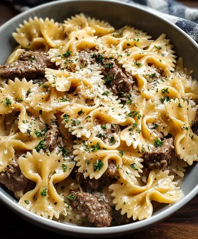 Creamy Parmesan Garlic Beef Bowtie Pasta