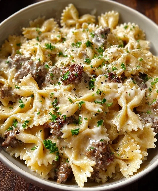 Beef Bowtie Pasta with Alfredo Sauce
