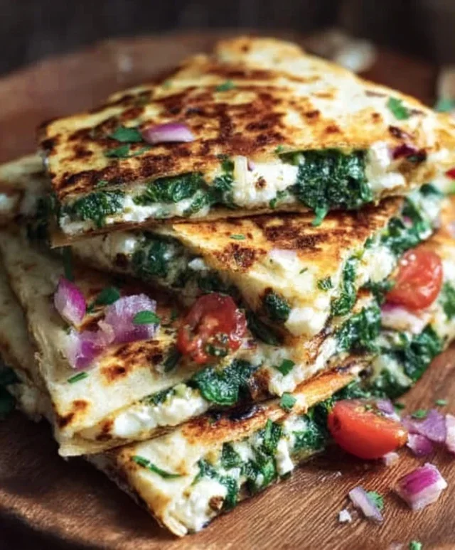 Mediterranean Quesadillas with Spinach, Feta, Mozzarella, and Red Onion